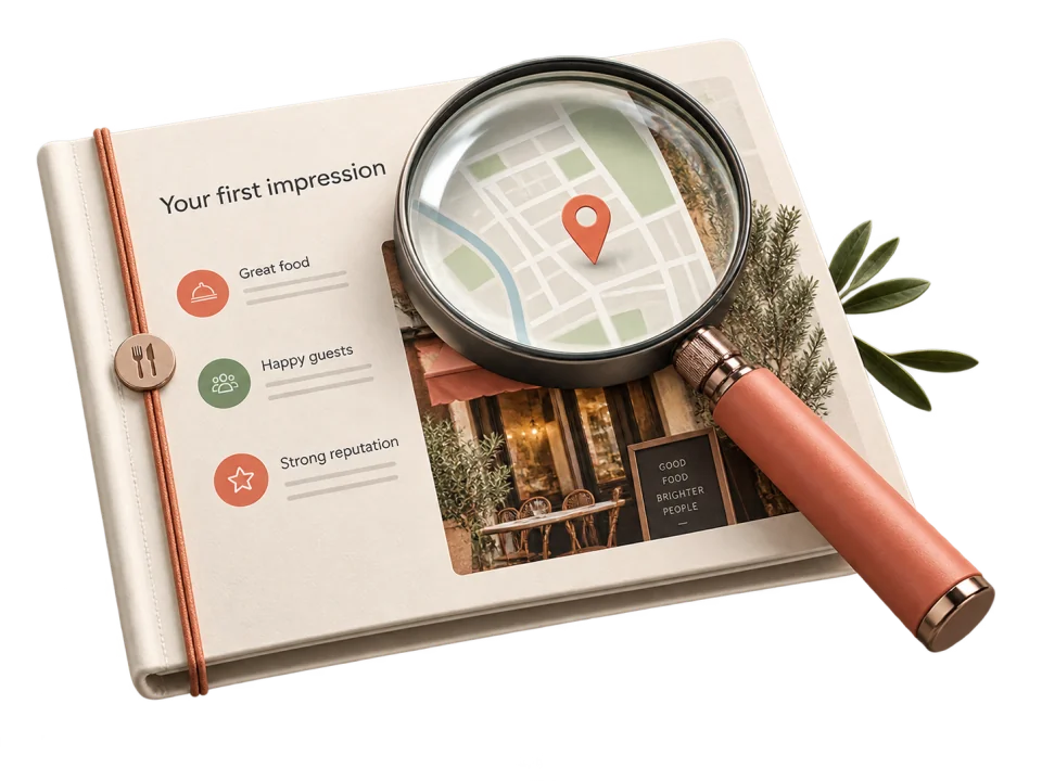 A magnifying glass examining a restaurant’s online presence and local map.