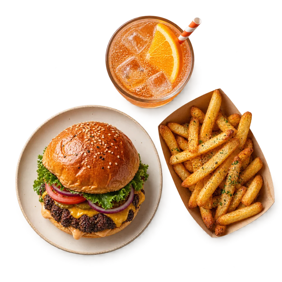 An overhead view of a burger, crisp fries, and citrus soda arranged as a complete meal.